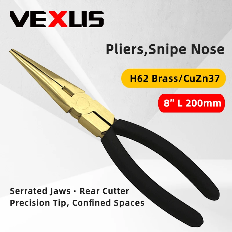 H62 Brass Needle-Nose Pliers, Rust-Resistant Tweezers, Industrial-Grade Low-Spark, Explosion-Proof Tools