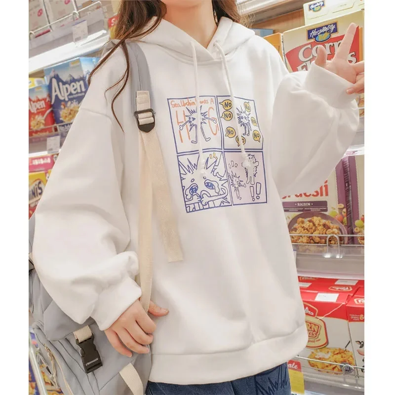 

Women's Clothing White Baggy Fleece Pullover Vintage Pocket Cartoon Printing Sweatshirt Lazy Casual Raglan Sleeves Hoodie Autumn