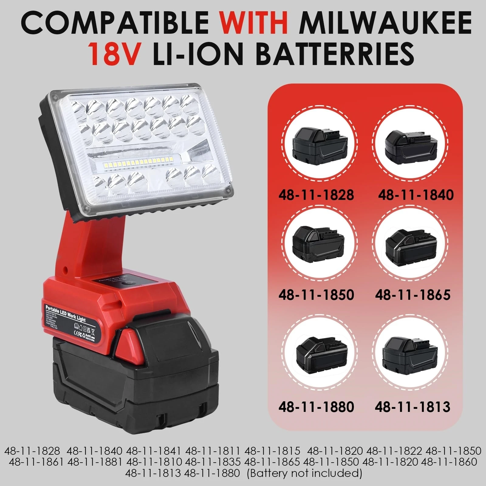 Linterna portátil compatible con baterías de Milwaukee 18V 18W 2000LM led inalámbrico luz de trabajo proyector con puertos de carga rápida USB 90 ° foco de cabeza ajustable para sitios de trabajo acampar interior al aire libre 3 modos de iluminación