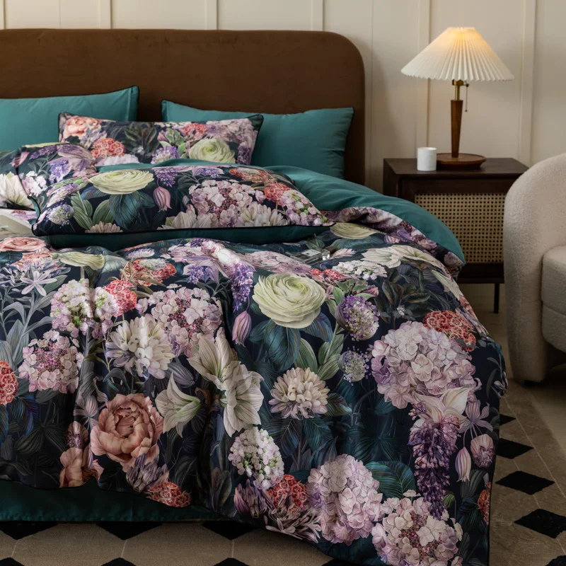 1000TC Egyptian Cotton Flowers Plant Prints Bedding Set Single Double Queen King Size Duvet cover Set Bed Sheet Pillowcases 4Pcs