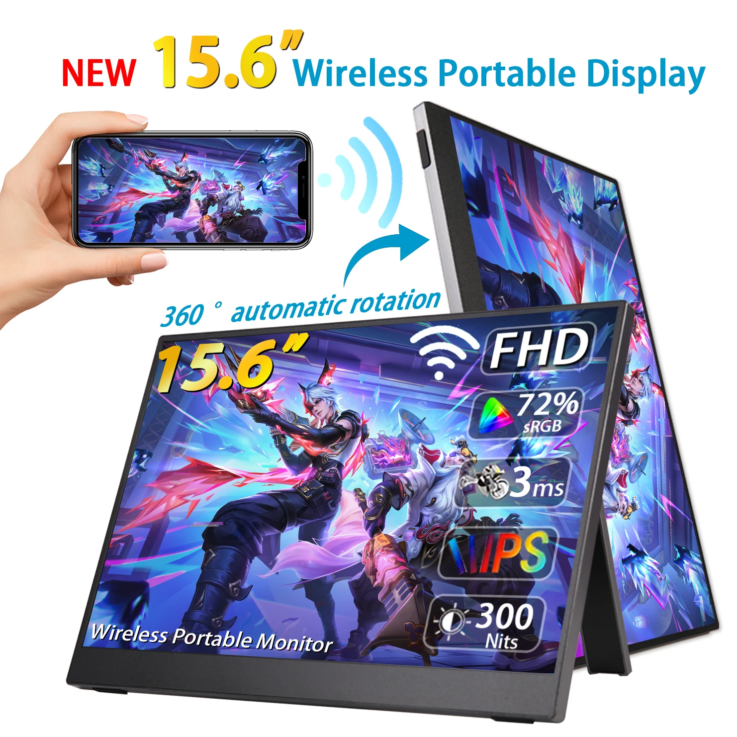 

AHXJKA 15.6" Wireless Portable Monitor FHD 16:9 For Cell Phone PC Loptop Wired For XBox PS4 / 5 Switch Extension live video