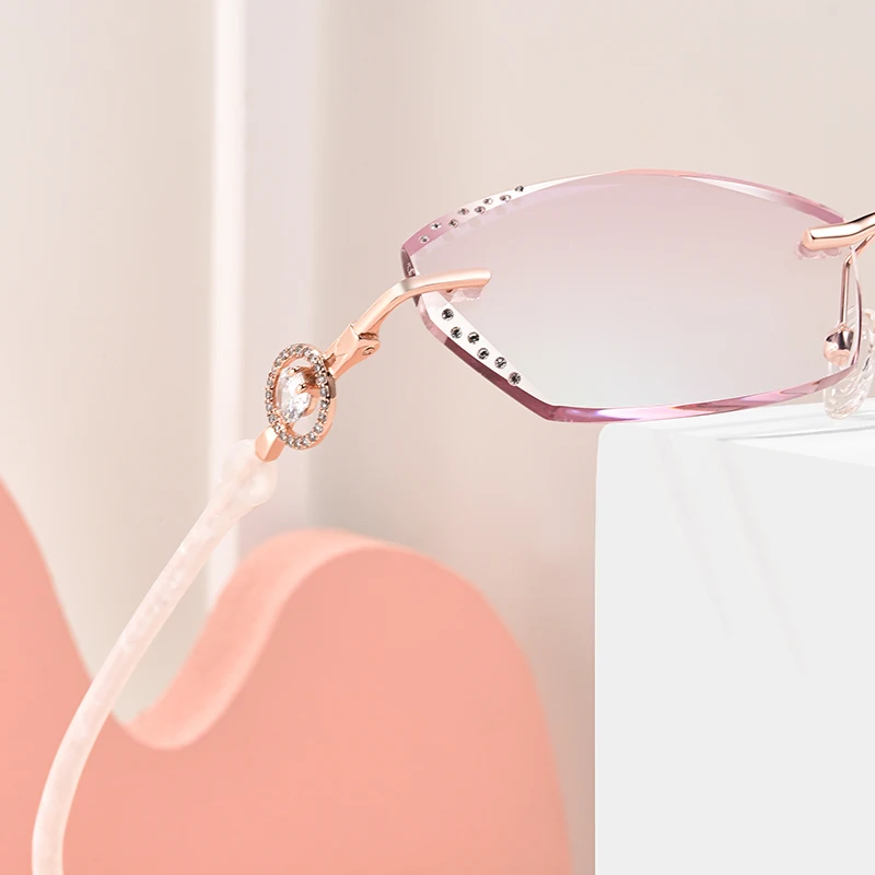 POVICH Luxurious Women Optics Glasses Rimless Eyewear Ornament Gradient Colored Lens Diamond Myopia Hyperopia Anti Reflective
