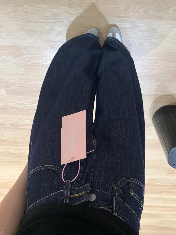 ارتفاع الخصر واسعة الساق الدنيم السراويل النسائية الخريف السراويل الطويلة فضفاضة Dra الطابق طول اللون العميق حجم كبير بناطيل كاجوال #4