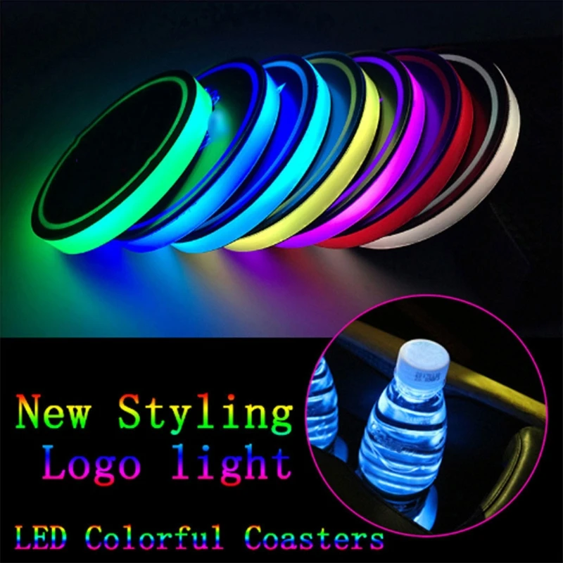 2pcs Universal Auto Car LED Cup Holder Water Bottom Mat RGB Light Decor Drink