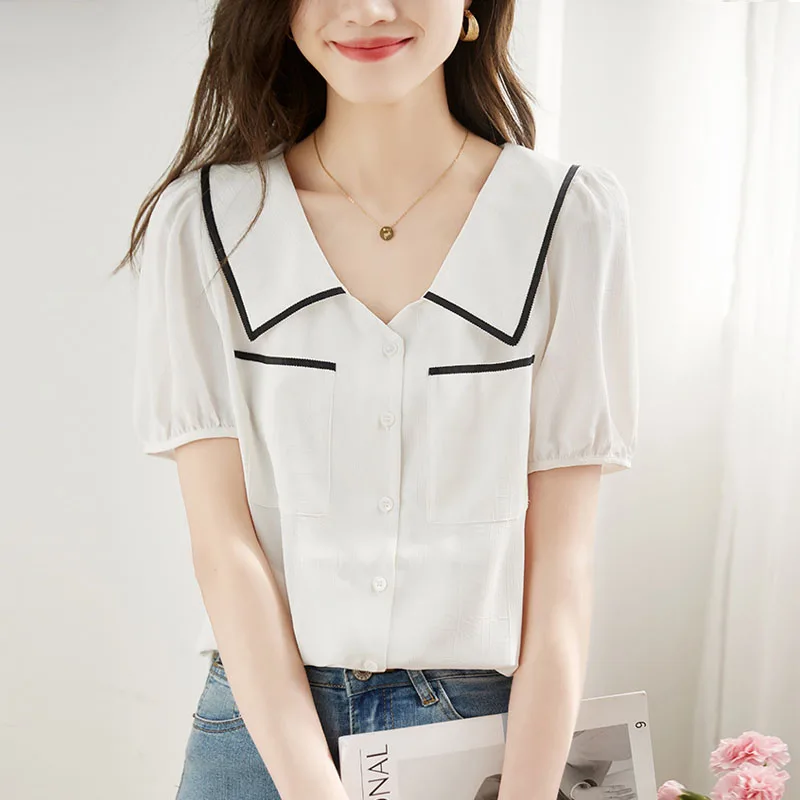 Summer New Short Sleeve Turn Down Collar Women Shirt Office Lady Shirt Blouse Women Tops Blusas Mujer De Moda 2024 Verano A504