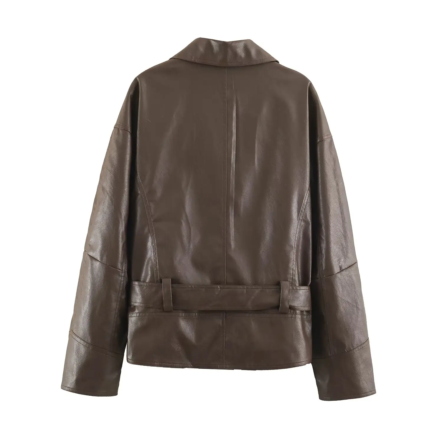 NINE ZAR Women's Short Leather Jacket with Stand Collar Belted Asymmetrical Zipper Long Sleeve Spring Fashion Ladies' Coat