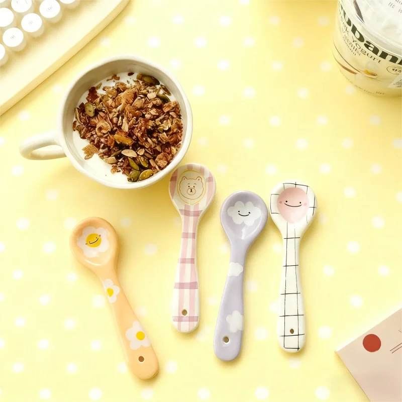 Cute Smiling Spoons Ceramic Ice Cream Spooon Irregular Hand Painted Dessert Breakfast Spoon Home Kitchen Tableware Accessories