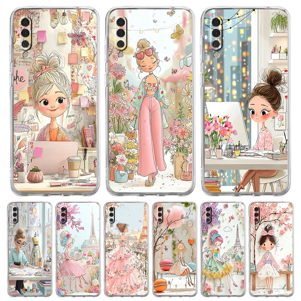 Cartoon Girl Soft TPU Cover for Samsung Galaxy A13 A15 A21S A22 A23 A25 A31 A32 A33 A35 A55 A17 5G Transparent Phone Case Fundas