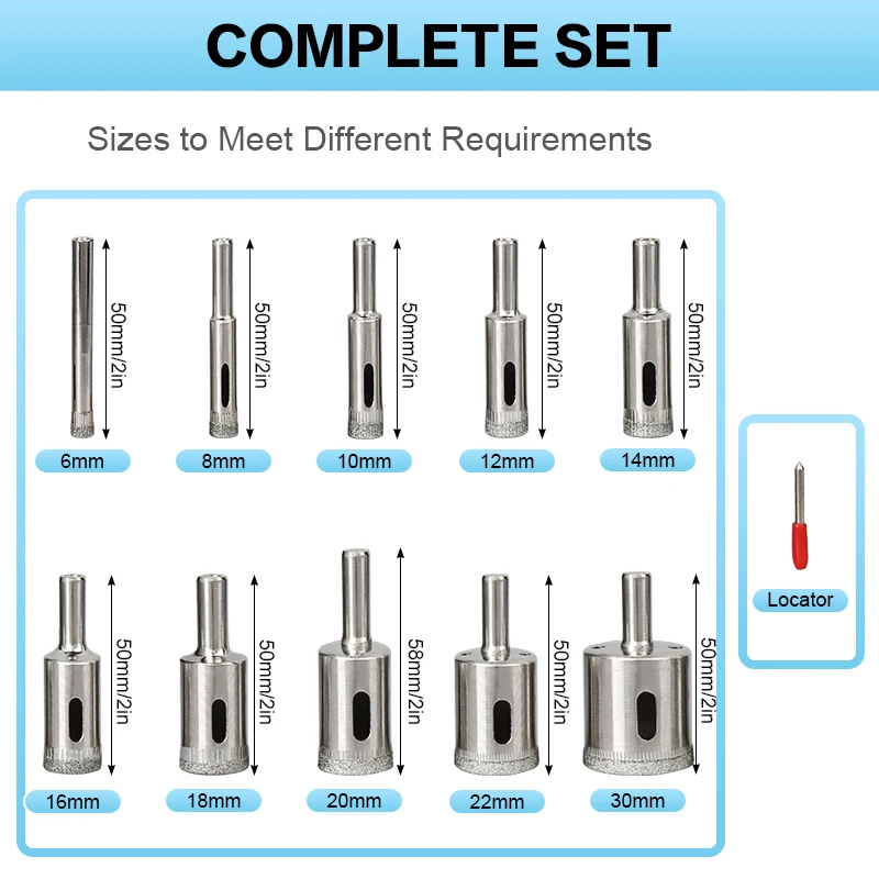 

10Pcs Diamond Drill Bits 6mm-30mm Tile Ceramic Hole Saw Cutter Set for Porcelain Marble Cutting Tool
