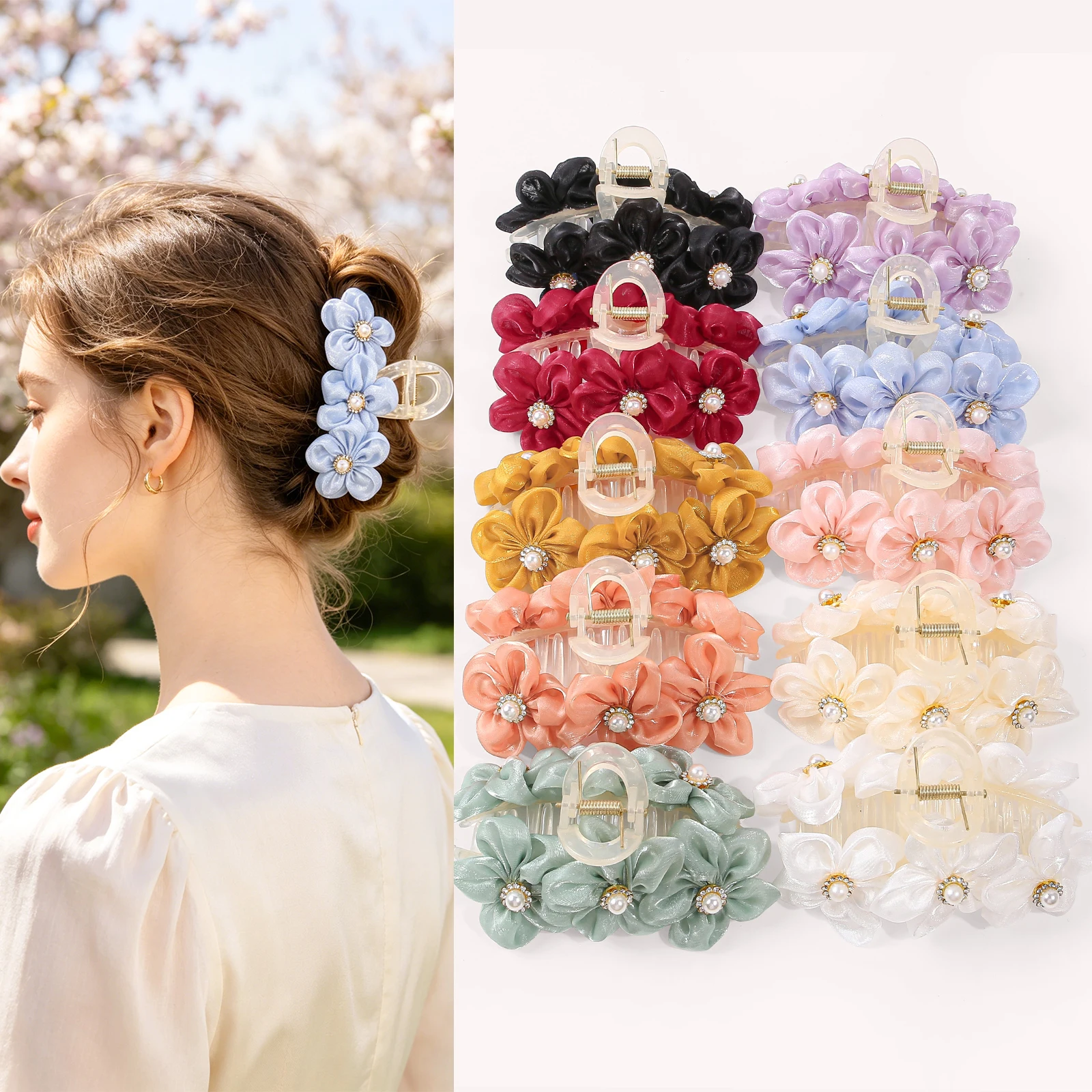 5pcs Crystal Flower Hair Claws Women Girls Hair Clips Pearl Floral Hair Claws Clips Fashion Hair Accessories