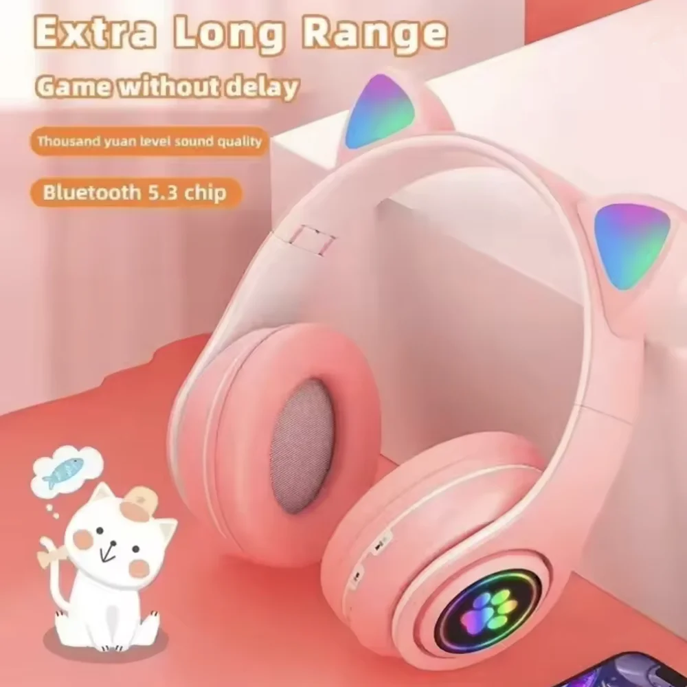STN28 Cute Cat Ear Bluetooth Headset with LED Wireless Headset Children Girls Stereo Folding Sports Headset with Microphone image 4