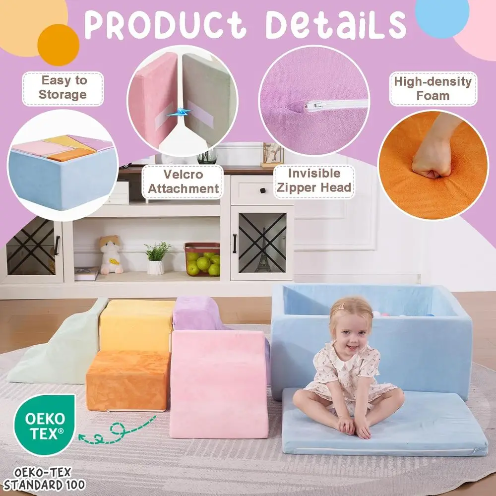 Toddler Foam Climbing Blocks Set with Square Ball Pit, Soft Play Structure, Macaron Tones (Balls Not Included)