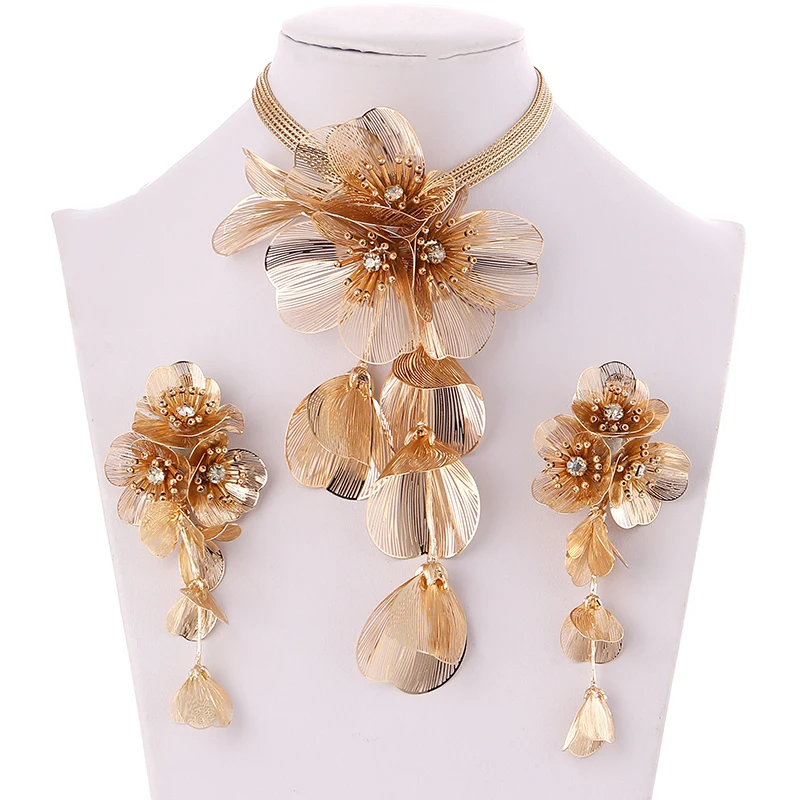 Fashion Copper Flower Jewelry Sets for Women Accessories Handmade Gold Color Floral Necklace and Earrings Set Trendy Party Gifts