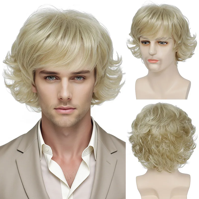 European and American wig men handsome and realistic short curly hair small curls golden foreigner wig-Synthetic fiber wig