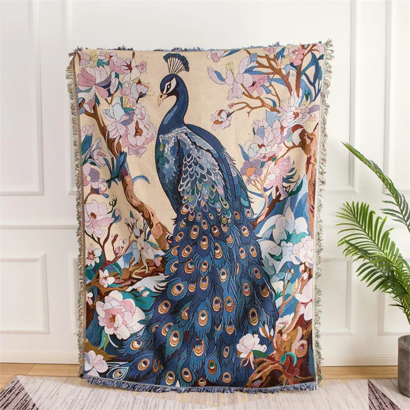 Bohemian Peacock Reversible Blanket for Home Bed Room Decor Boho Throw Blanket with Tassel for Sofa Bed Chair Couch Women Gift