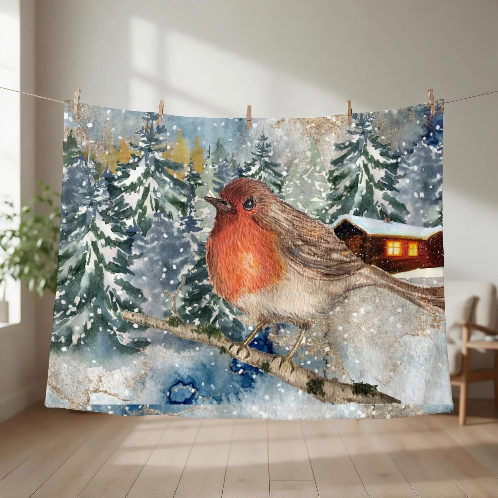 robin in the snow winter wonderland Throw Blanket couch cozy soft plush fuzzy picnic outdoor blanket