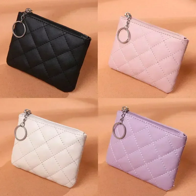 Women PU Leather Zip Coin Wallet Key Chain Fashion Small Purse Money Designer Diamond Pattern Short Change Pouch Coin Purse