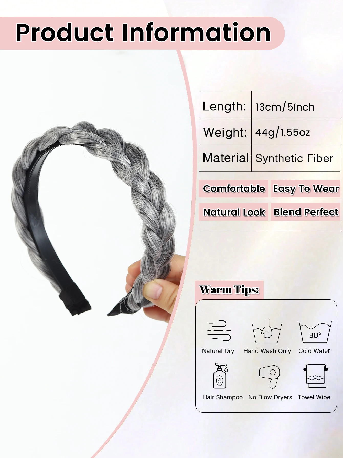 Synthetic Wig Gray Fishbone Wide Twist Hairbands Handmade Head Hoop Hair Bands Styling Headwear Braided Headbands for Women