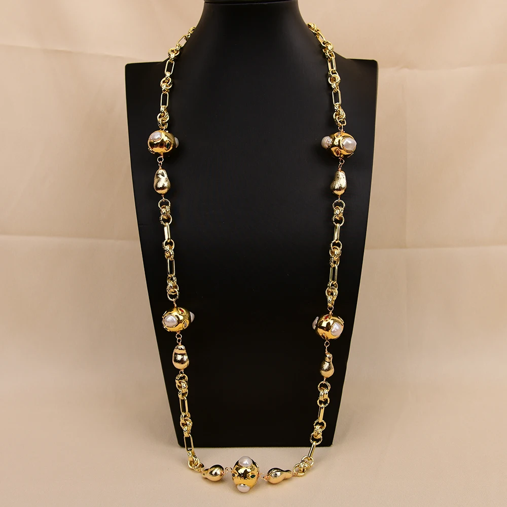 GG 35'' Natural White Keshi Pearl Mix Color CZ Zircon Paved Bezel Set Brushed Beads Gold Plated Chain Long Necklace