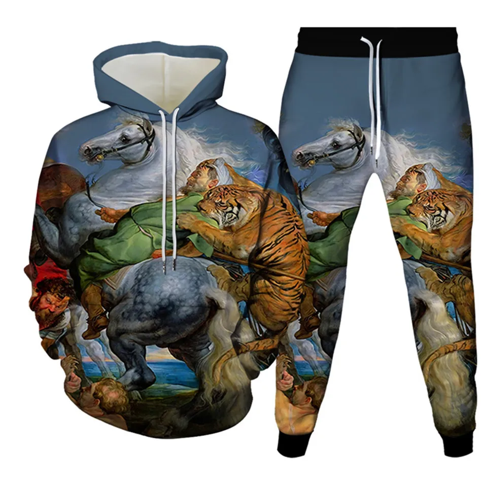 Art Chinese Oil Painting Graffiti Animal Tiger Horse Women Casual 2pc Sets Men Hoodies Trousers Clothing Suit Female Tracksuit