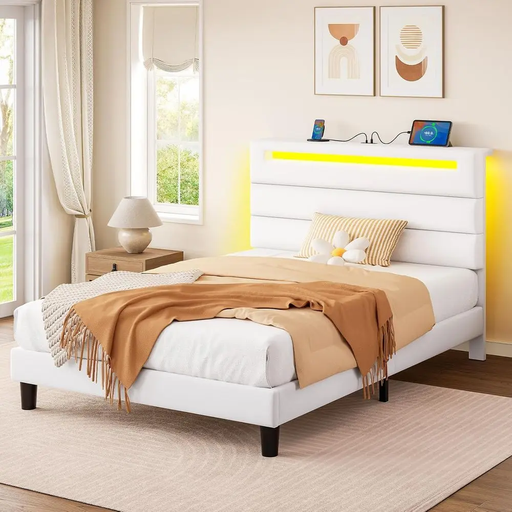 

White Twin Size Bed with Storage, Charging Station, LED Lights, Upholstered, Wood Slats, No Box Spring, Easy Assembly, Noise-Fre