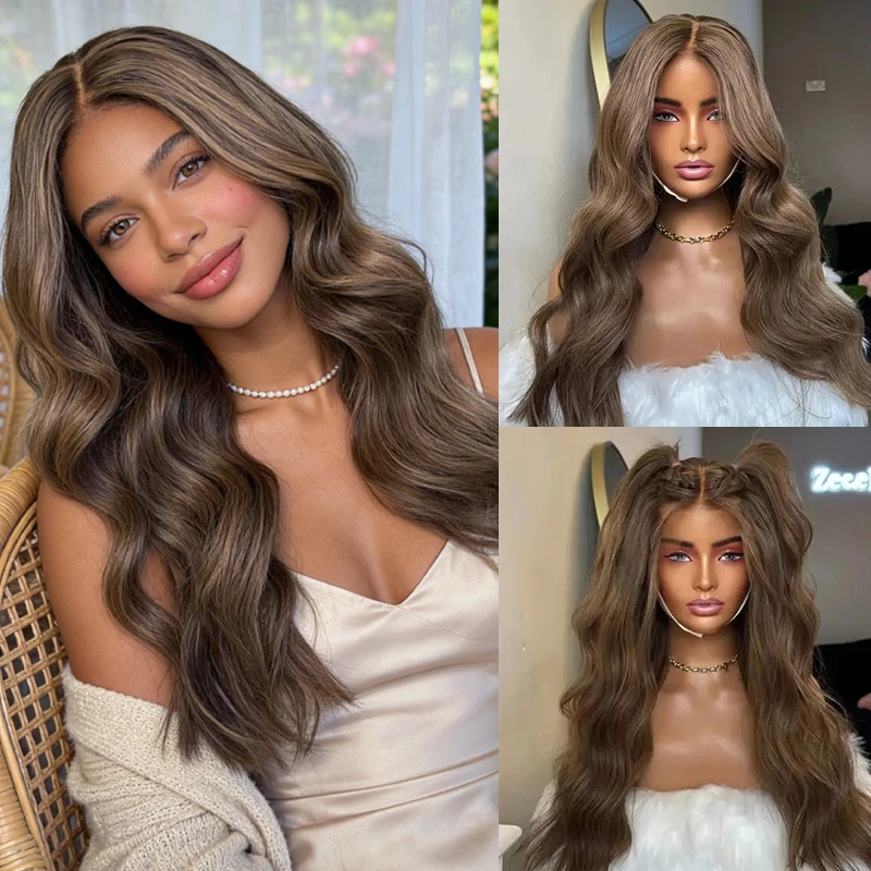 

Middle Part Ombre Brown Highlights Synthetic HD Lace Front Wig HD Invisible Transparent Lace Wig Long Body Wave Wig Party Wigs