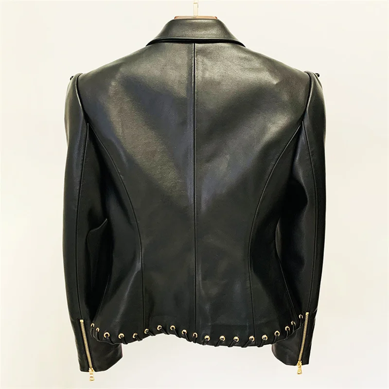 Sheepskin Coatสําหรับผู้หญิงใหม่ฤดูใบไม้ร่วง2025ไก่Eye TieเชือกSlim FitปกแขนยาวหนังเทียมPUผู้หญิงเสื้อ