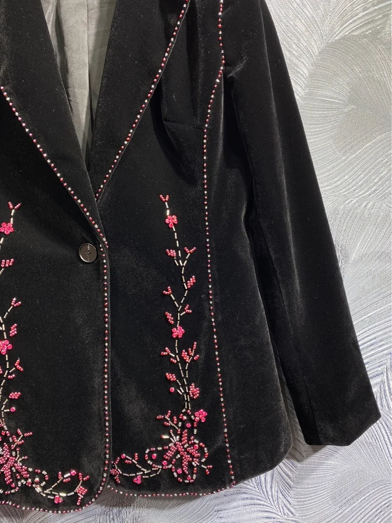 Top Quality New Blazer Coats 2023 Autumn Winter Blazers Women Beading Deco Long Sleeve Black Velvet Blazer Coats Female Outwear