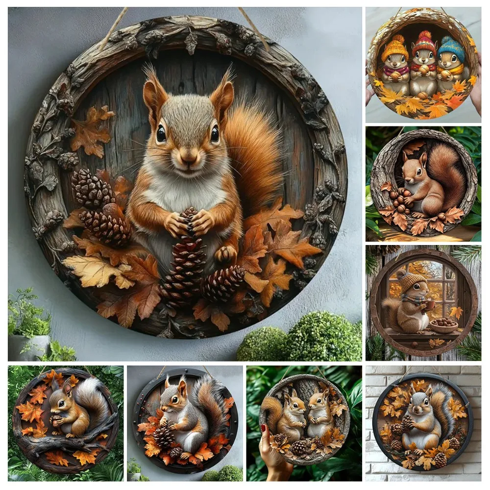 2D Circular Wooden Logo with Autumn Squirrel Theme, Suitable for Home, Bar, Room, Coffee Shop, Office Decoration, Holiday Gifts