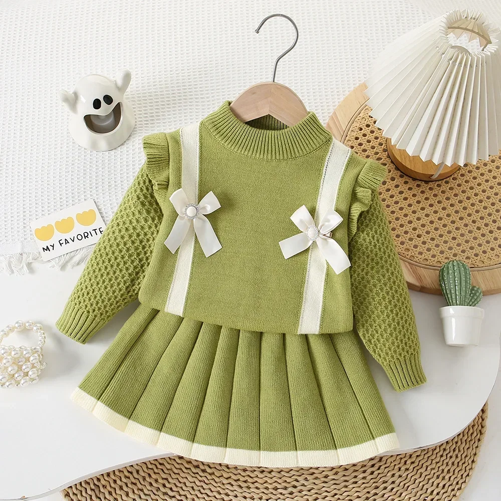 Wedding Party Flower Girl Clothes Kids Clothing Autumn/Winter Bow Knitted Sweater and Pleated Skirt Cute Children's Sets