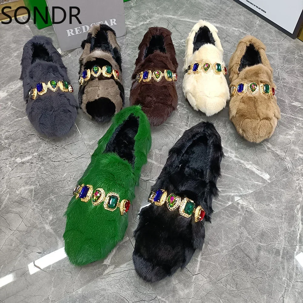 Womens Real Mink Fur Rainbow Colors Loafers Rhinestones Crystal Chain Flats Shoes Diamonds Luxury 7Colors New 2024