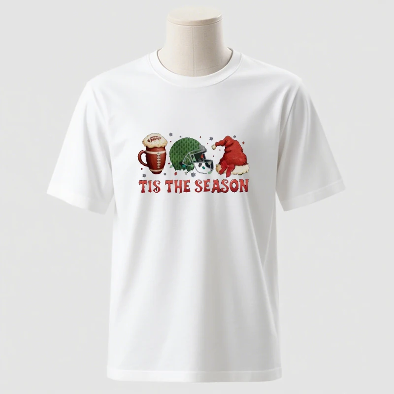 

Unique Christmas Football Breathable O-neck Cute Style Cotton T-Shirt Tis The Season for Sports Holiday Apparel Printed Tops