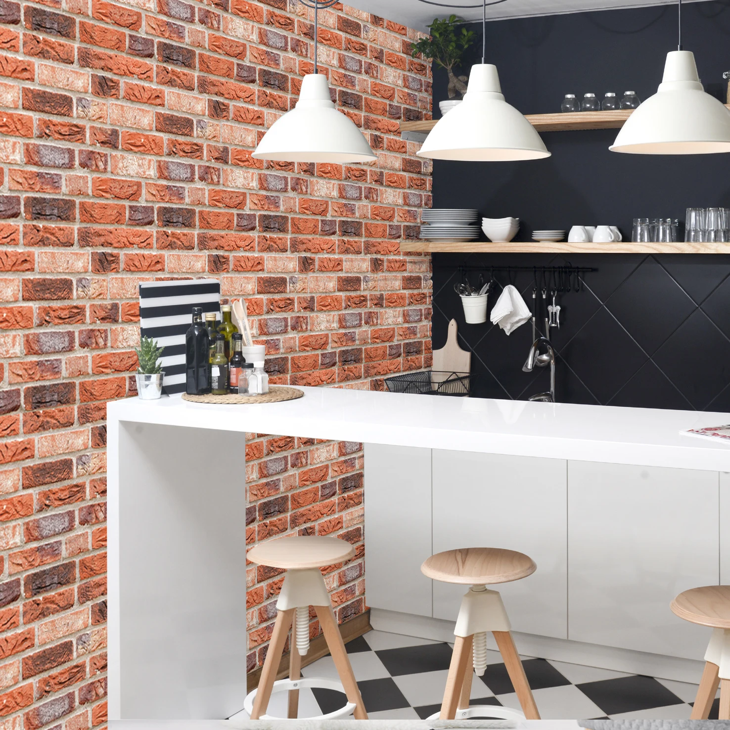 5PCS 10PCS of Red and White Brick Pattern Self-adhesive Wall Sticker,Peel And Stick,PVC Material,Wall Ceramic Tile Decoration