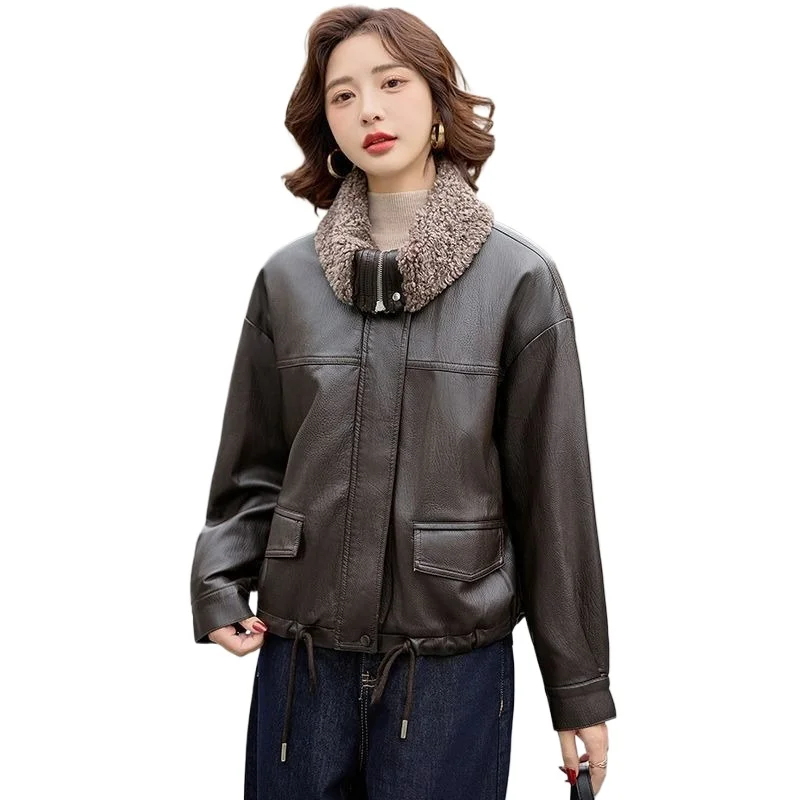 

Модная уличная зимняя новая водонепроницаемая куртка, утепленная флисовая шерстяная теплая кожаная куртка с защитой от ударов, кожаная куртка с большими лацканами