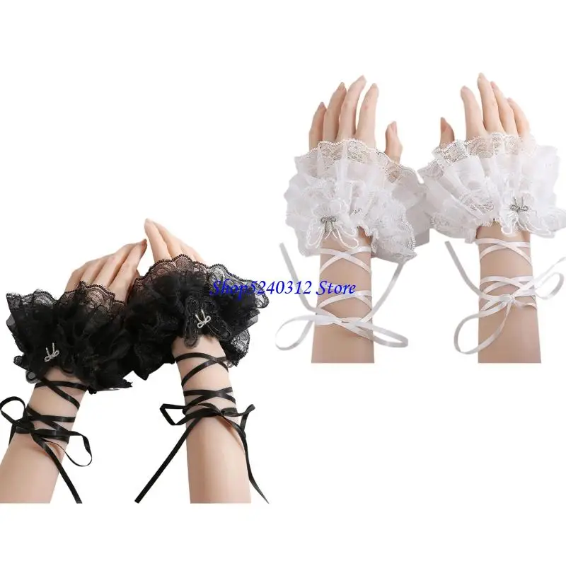 634C Guanti senza da donna Lolitas Strato con volant in pizzo maniche per bracciali per matrimoni danze da sposa Party