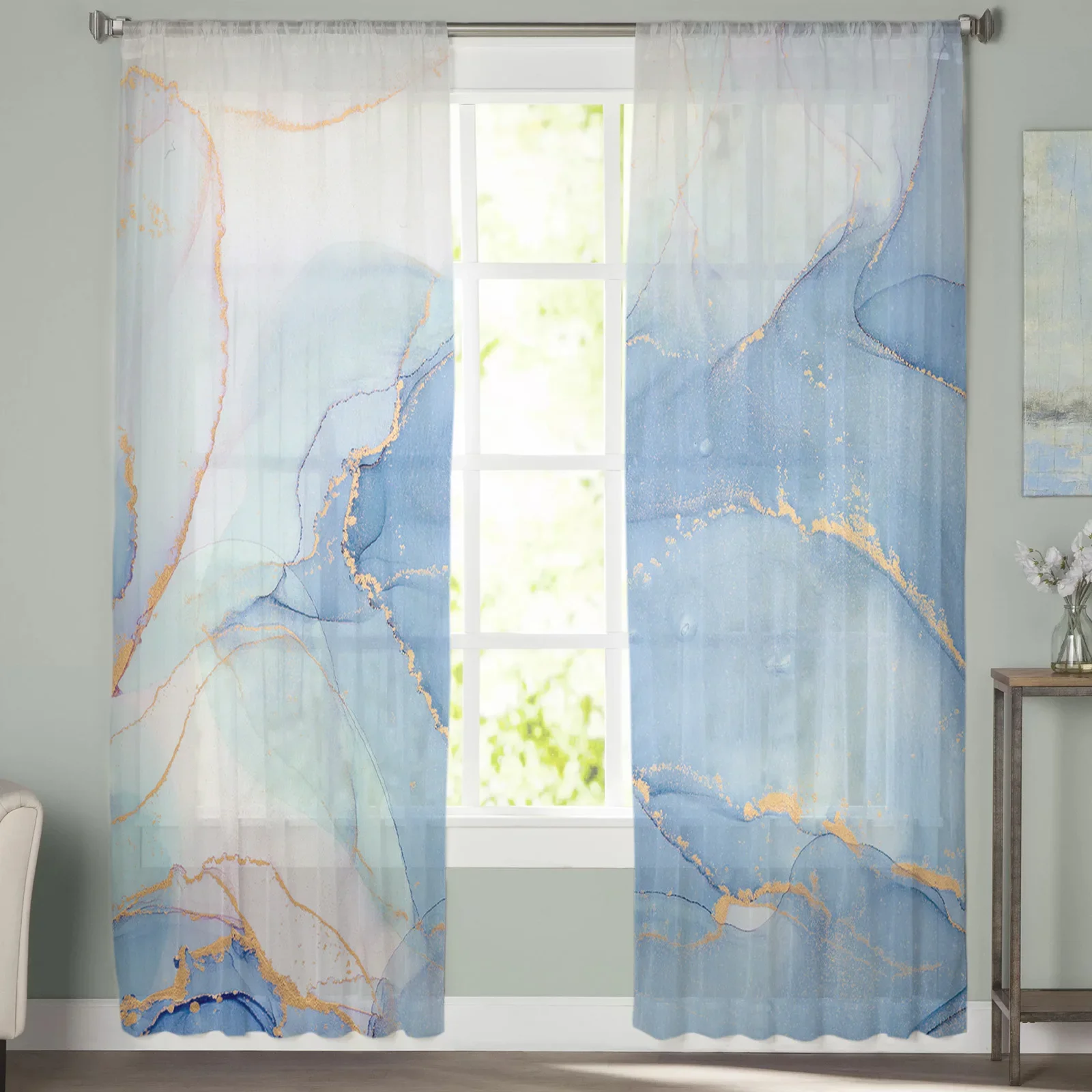 Marble Blue Ocean Curtains For Living Room Transparent Tulle Window Curtain Bedroom Decor Veil Drape