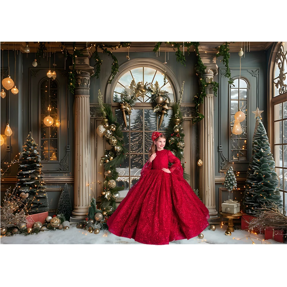 Christmas Palace Room Background Photography Studio Golden Arched Window Snowy Xmas Tree Backdrop Winter Kid Gift Photozone Prop