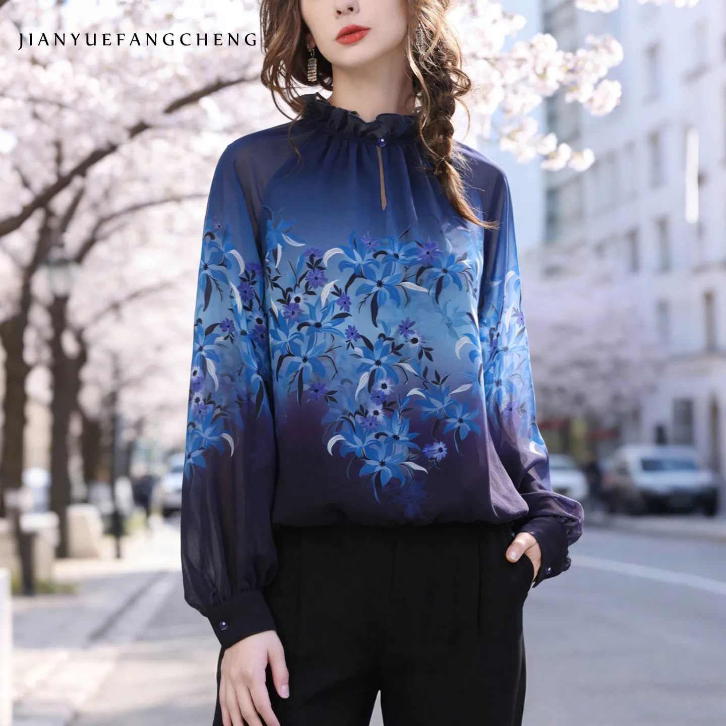 

Fashion Floral & Plants Printed Women' Blue Chiffon Blouse Long Sleeve Spring Summer Pullover Tops Loose-fitting Casual Shirts