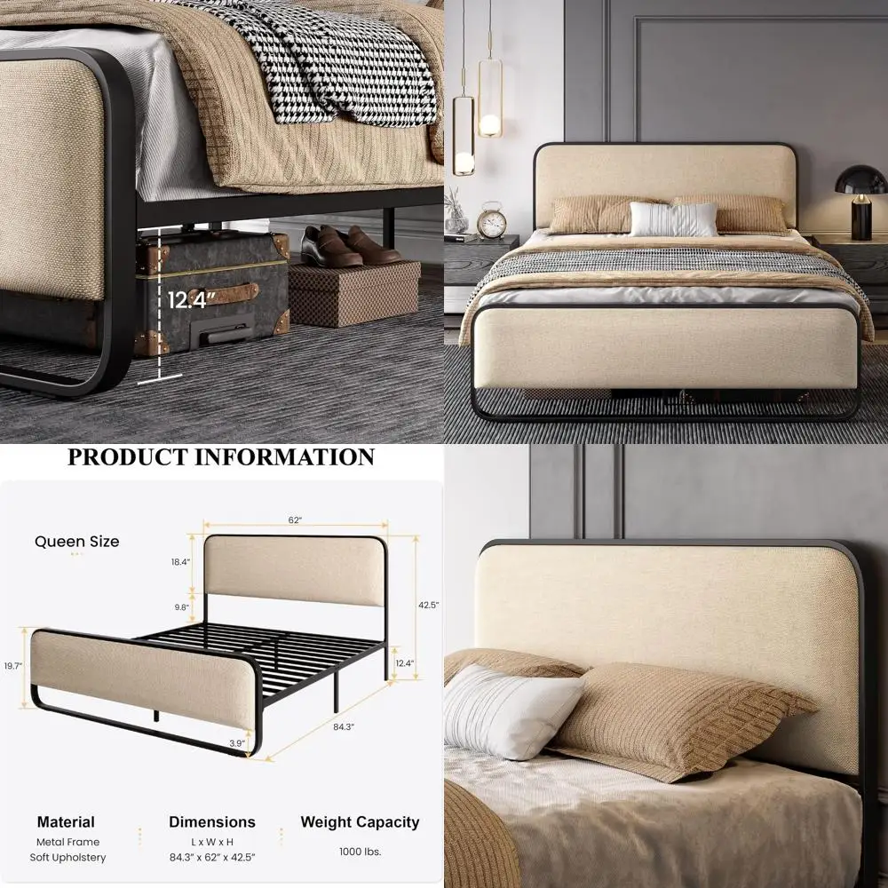 

Изогнутая металлическая кровать-платформа Queen с мягкой обивкой и большим местом для хранения, не требует пружинного блока, бежевая