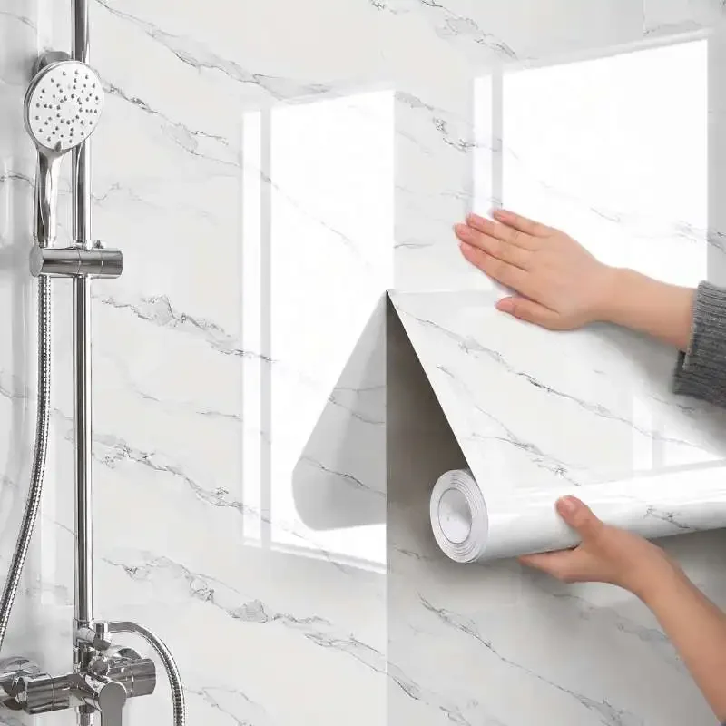 Faux Tile/Marble-Style Waterproof And Moisture-Resistant Adhesive Film For Bathroom Bedroom And Kitchen Walls Or Tabletops.
