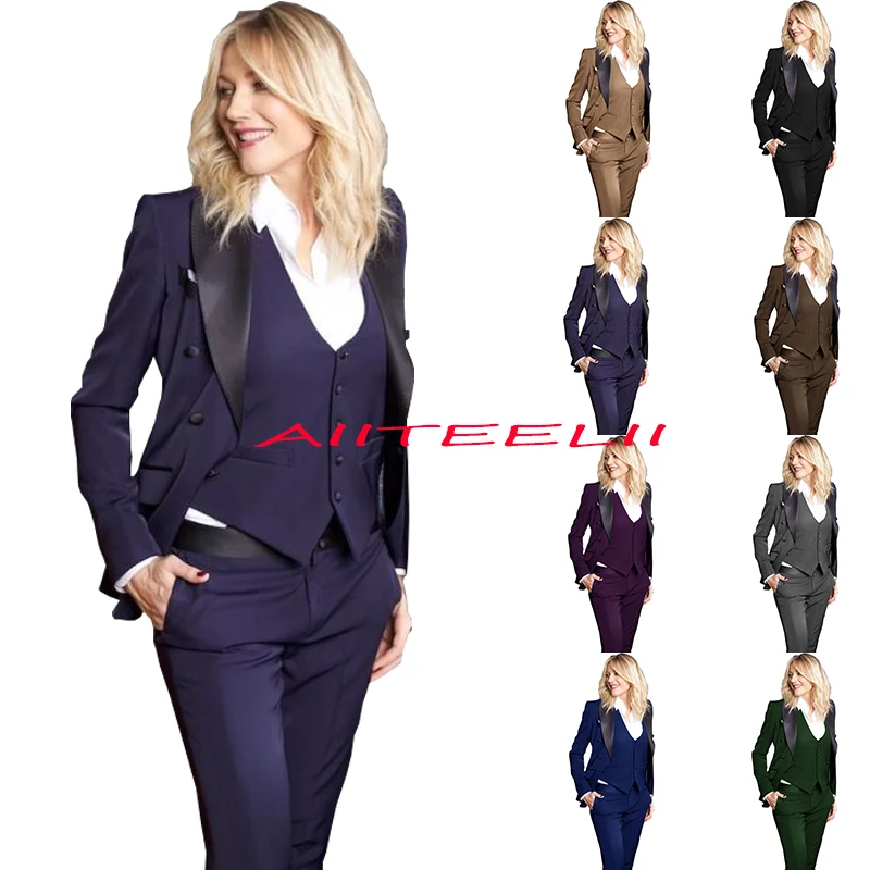 Women\'s Formal Suit 3 Piece Lapel Business Formal Work Slim Pants Set Solid Color Summer Navy Suits for Women