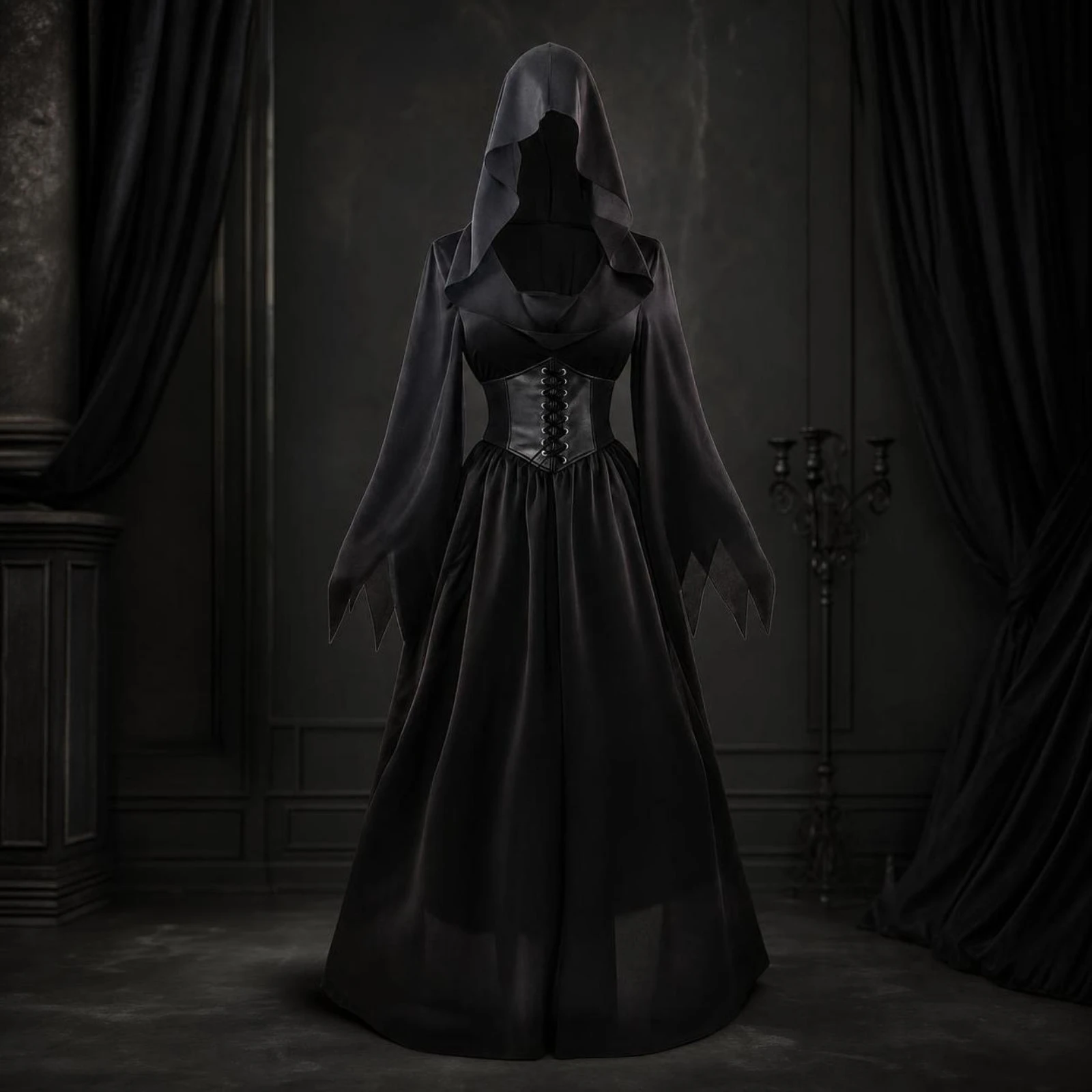 Gothic Dress Corset-Style Cosplay Dress Hooded Costume Black for Women, Theme Parties