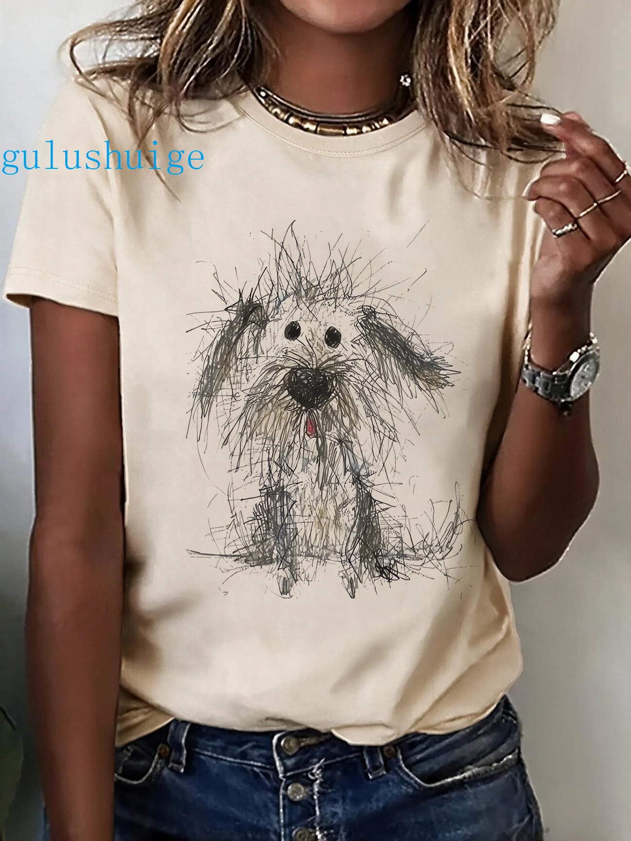 Manga New in Creative Doodle Puppy Graphic Print Round Neck T-shirt Women's Vintage Style T Shirt Tops Girls Clothes Female Y2k