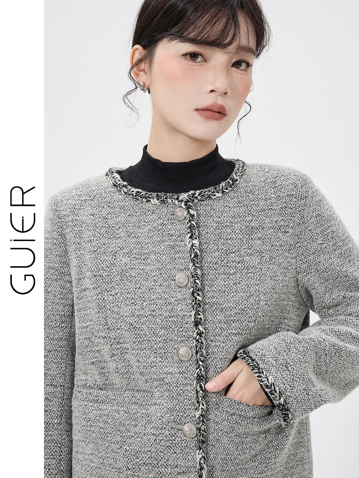 

Guier Cotton Jaet Women's Winter New Knitted High-End Sensation Fraance Sle round Ne Button ort Loose Fit Outerwear