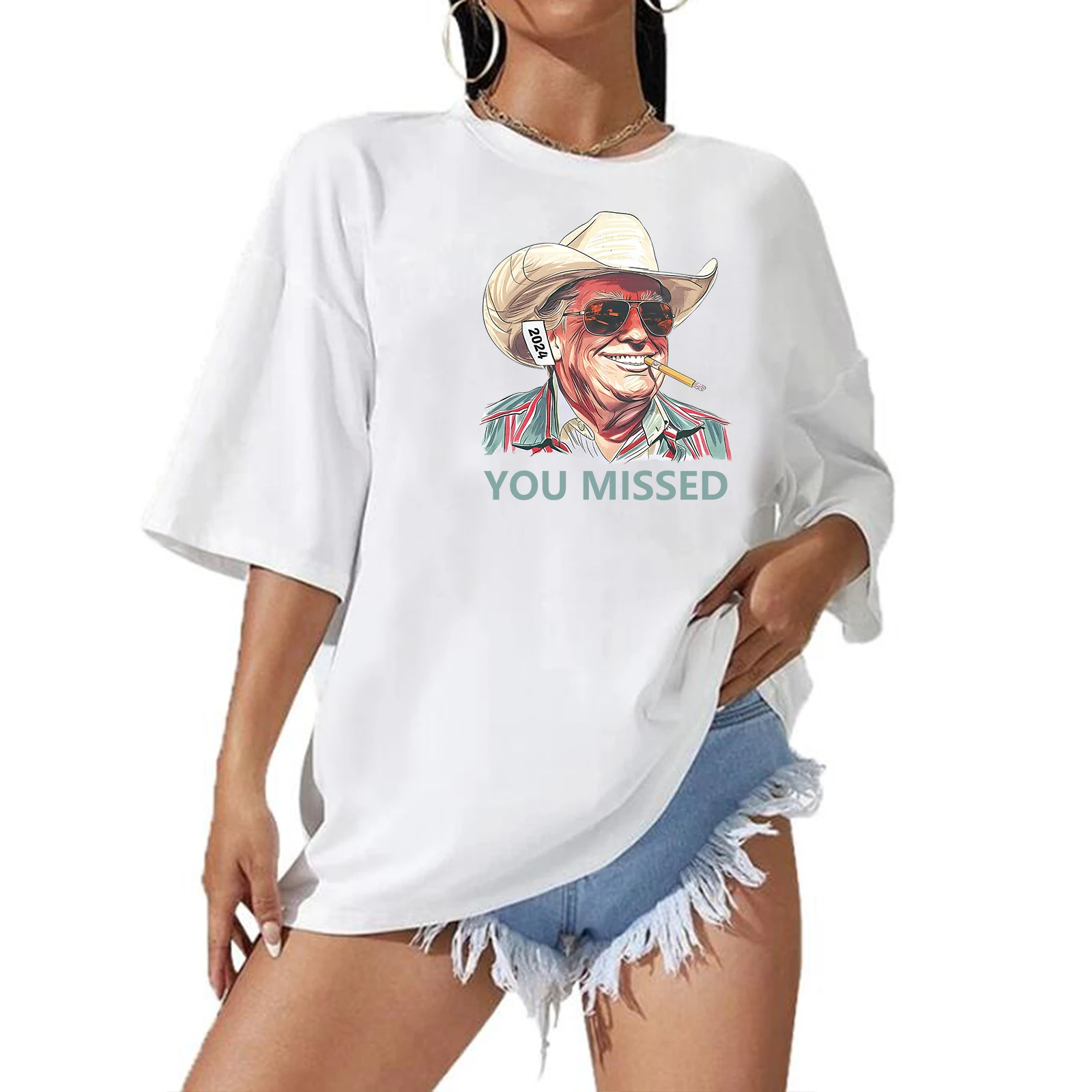 Western Trump Cowboy You Missed Extra Large T-shirt O-Neck Short Sleeve Fashion Oversize Shirts