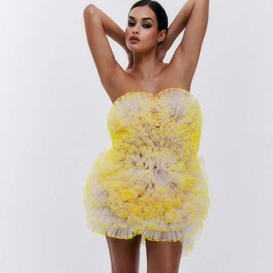 

Strapless Tulle Ball Gown Ruffled White & Yellow Mini Dress See Through Party Dress For Women Elegant Woman Clothes Cocktail