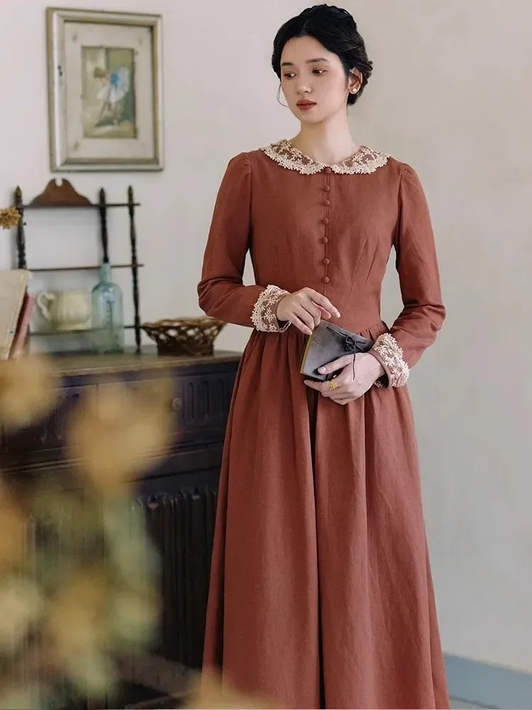 

84-96cm Bust SpringFall Dresses Women Vintage Elegant Slim Lace Peter Pan Collar Long Sleeve Soft Comfortable Ramie Cotton Dress