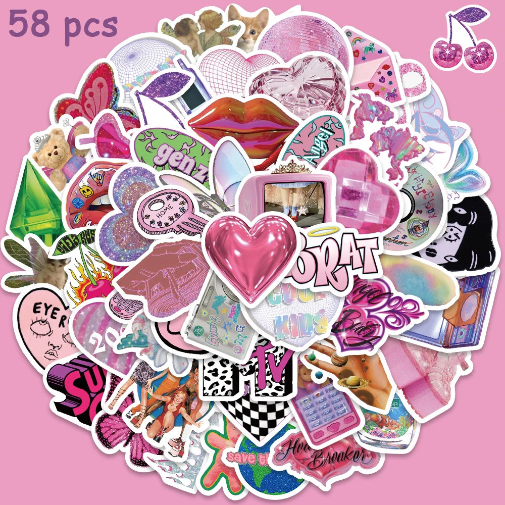 58pcs Y2K Style Vaporwave Stickers Cute Kawaii Decals For Girls Suitcase Scrapbook Notebook Phone Guitar Stickers Kids Toys