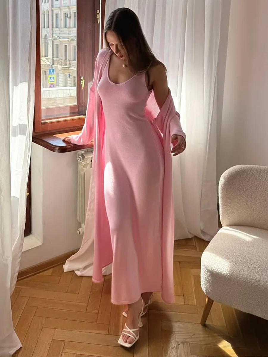 Fmxires tricots mode robe longue tenues femmes ample couvrir col en v côtelé 2 pièces-ensemble Looks de fête femme tricot robe ensembles