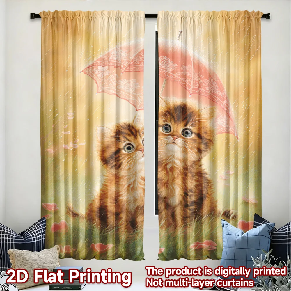 Cute Kitten Curtains, Funny Cat Under Umbrella Drapes, 3D Digital Print, Living Room Bedroom Decor, Pet Lover Window Treatment